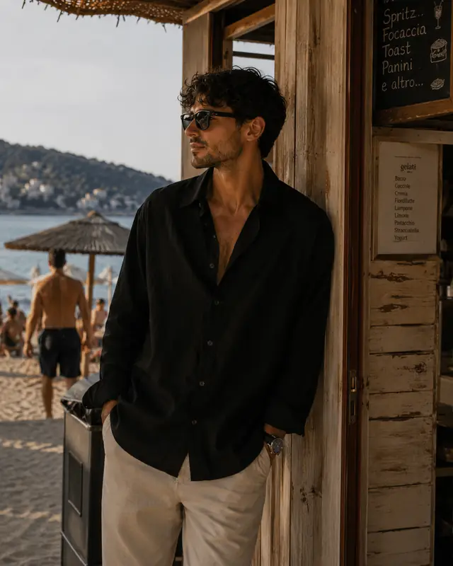 Uomo con camicia nera davanti a un chiosco sulla spiaggia